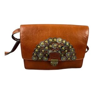 Patricia Nash Bag Studded Coin Satchel Cognac Leather Flap Closure Purse Handbag